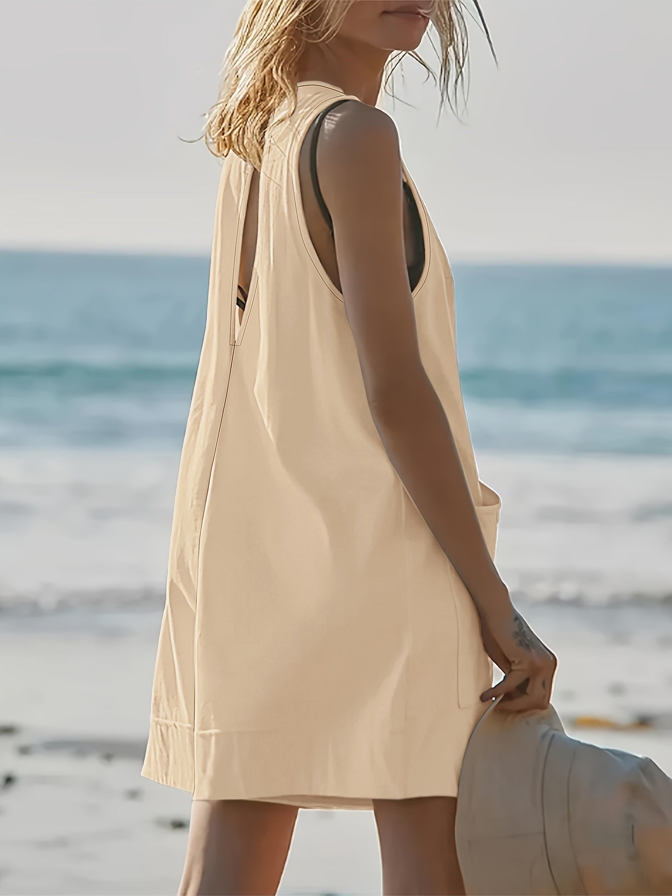 Plus Size Women's Beige Sleeveless Jumpsuit with Pockets Summer Casual