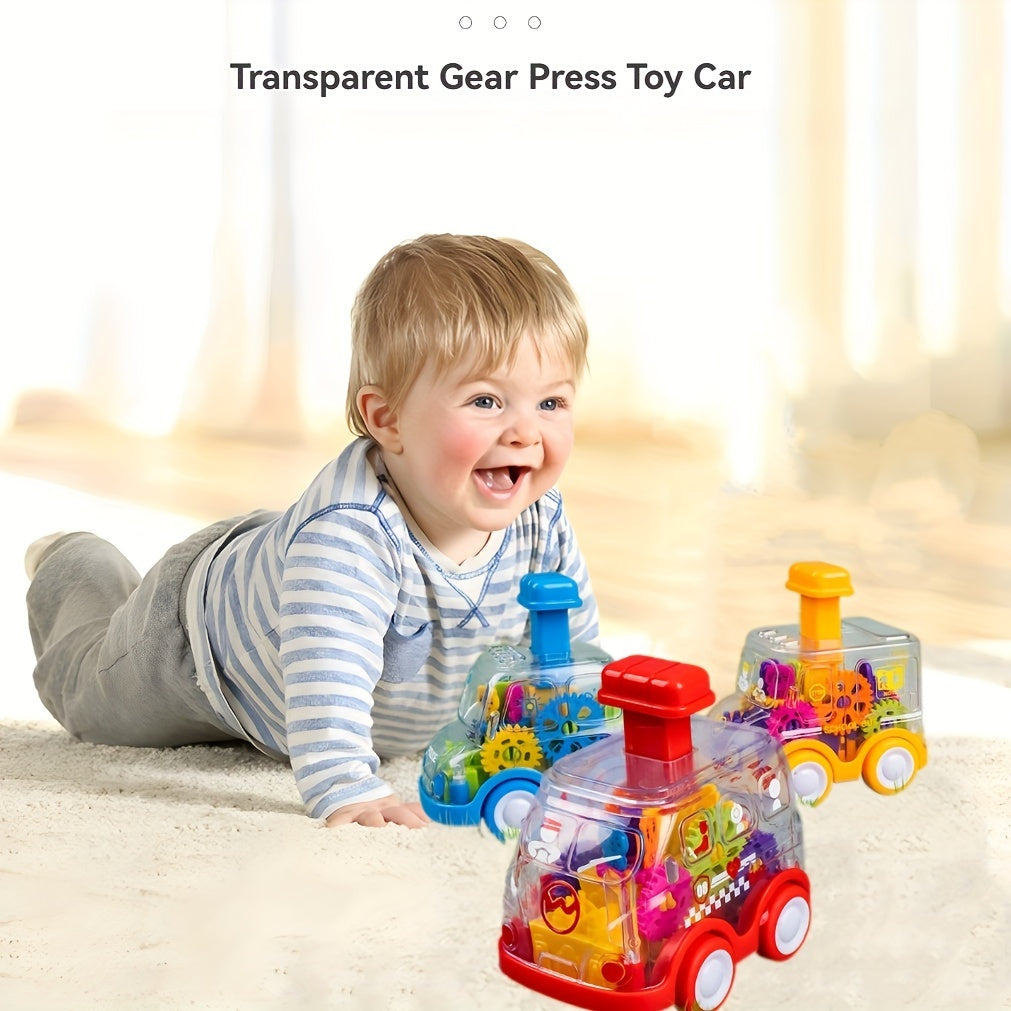 Interaktiv Gear bosish va bosish o'yinchoq transport vositalari to'plami, shaffof friktsion avtomobillar bilan qizil va ko'k ranglarda