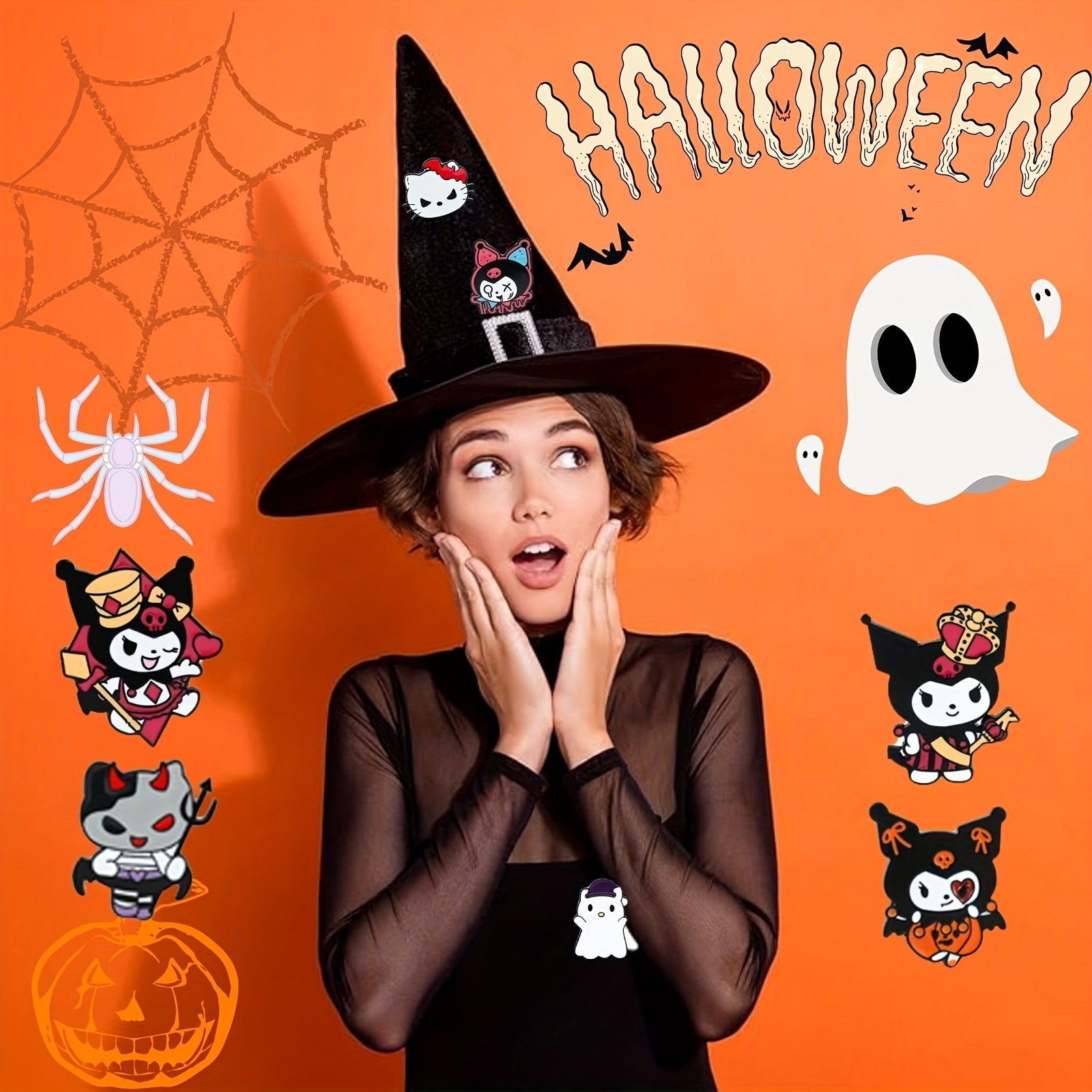 Set of 6 Halloween Enamel Pins with Cartoon Characters Hello Kitty My Melody Kuromi Witch Ghost Nurse Badges for Hats Bags Jackets