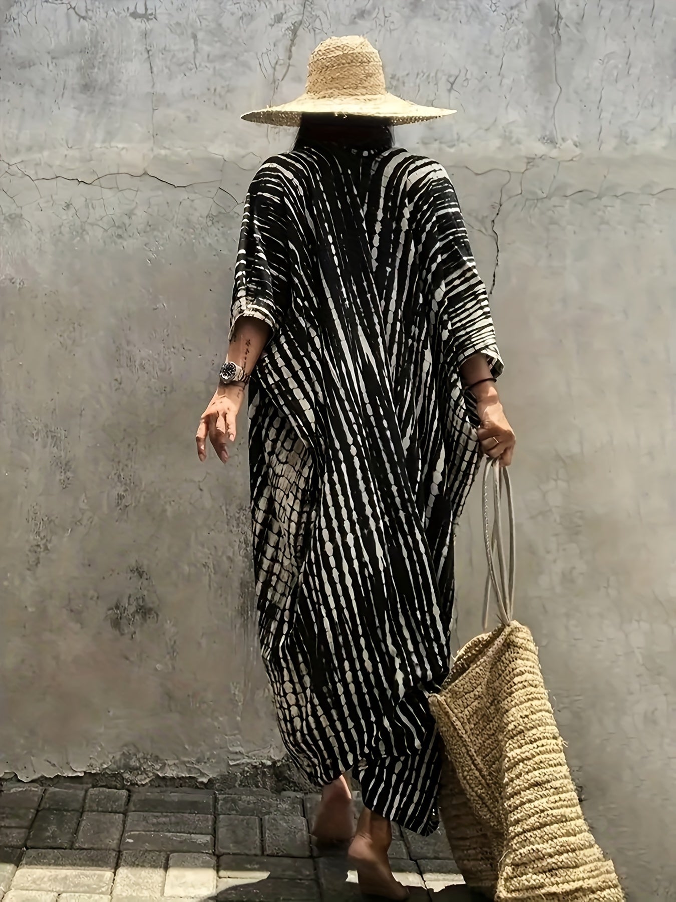 Plus Size Boho Kimono Cover Up for Women Stripes Belt Summer Beach Swimwear