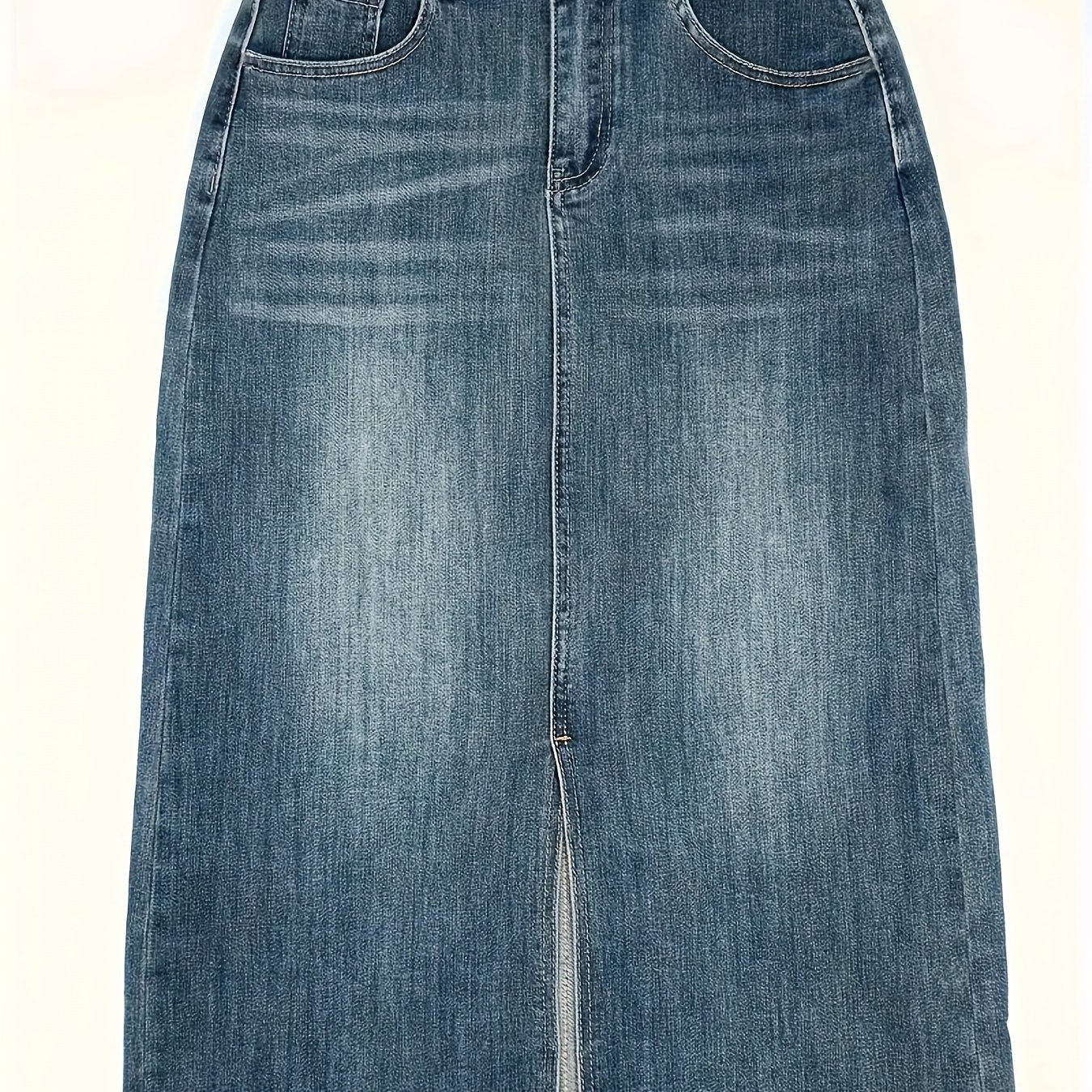 High-Waist Denim Midi Skirt with Split Stretch Non-See-Through Machine Washable for All Seasons