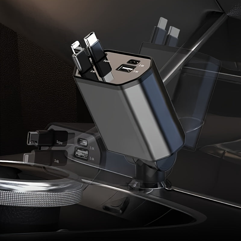 4-в-1 выдвижное автомобильное зарядное устройство с вращением на 180° и портом USB-C