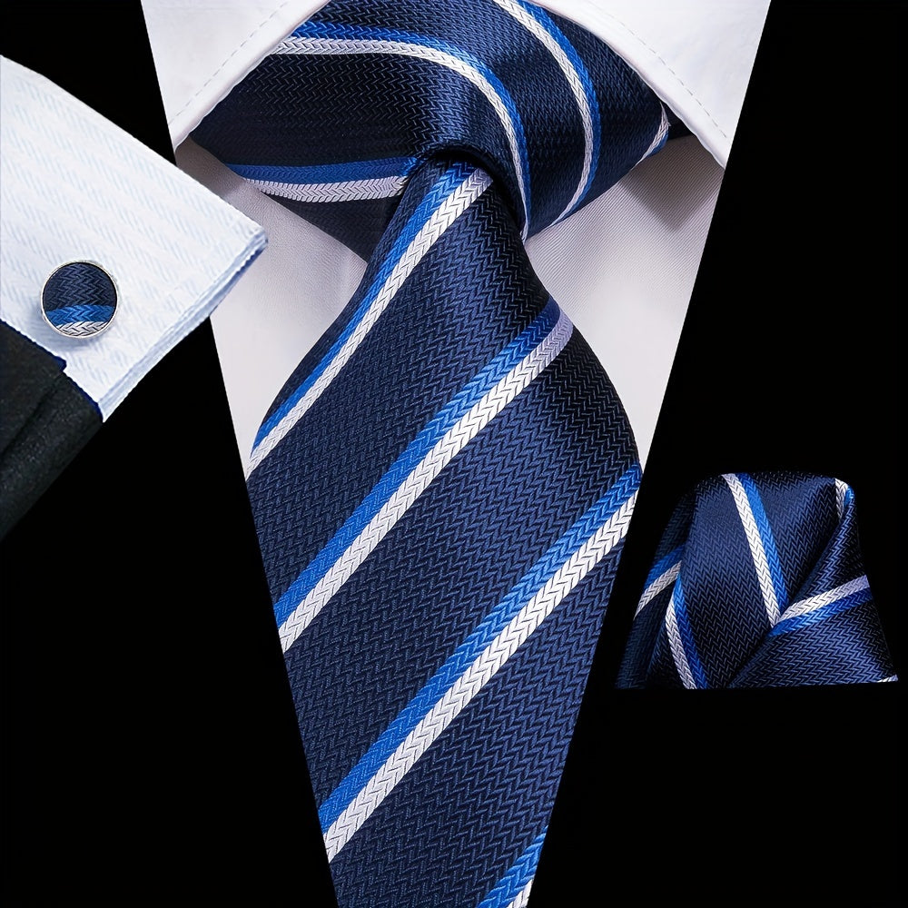 Striped Necktie Set with Cufflinks for Business, Parties, Weddings