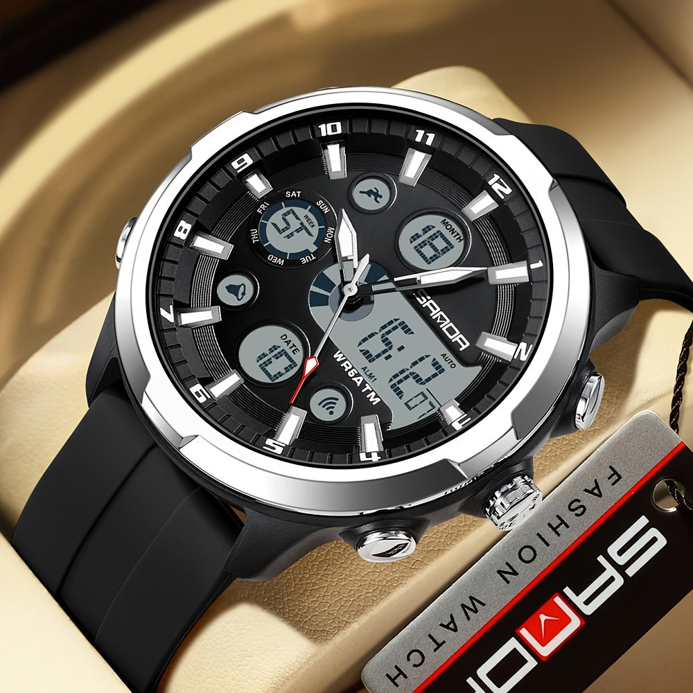 Men's Sports Watch Quartz Chronograph Water-Resistant 5ATM with Date Display and Silicone Strap