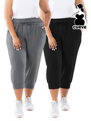 Plus Size Women's Stretchy Capri Joggers Black, Drawstring Waist, Pockets