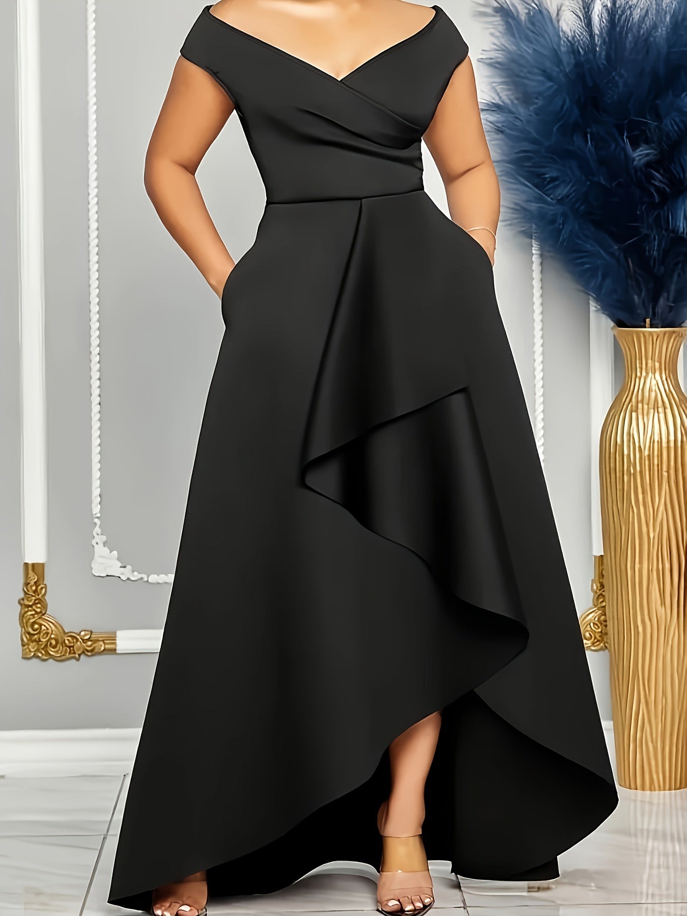 Plus Size V-Neck Ruffle Knit Dress with Slight Stretch Solid Color All-Season