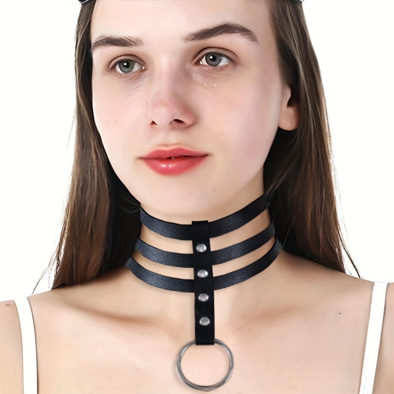 Women's Leather Punk Choker Necklace with Three Straps