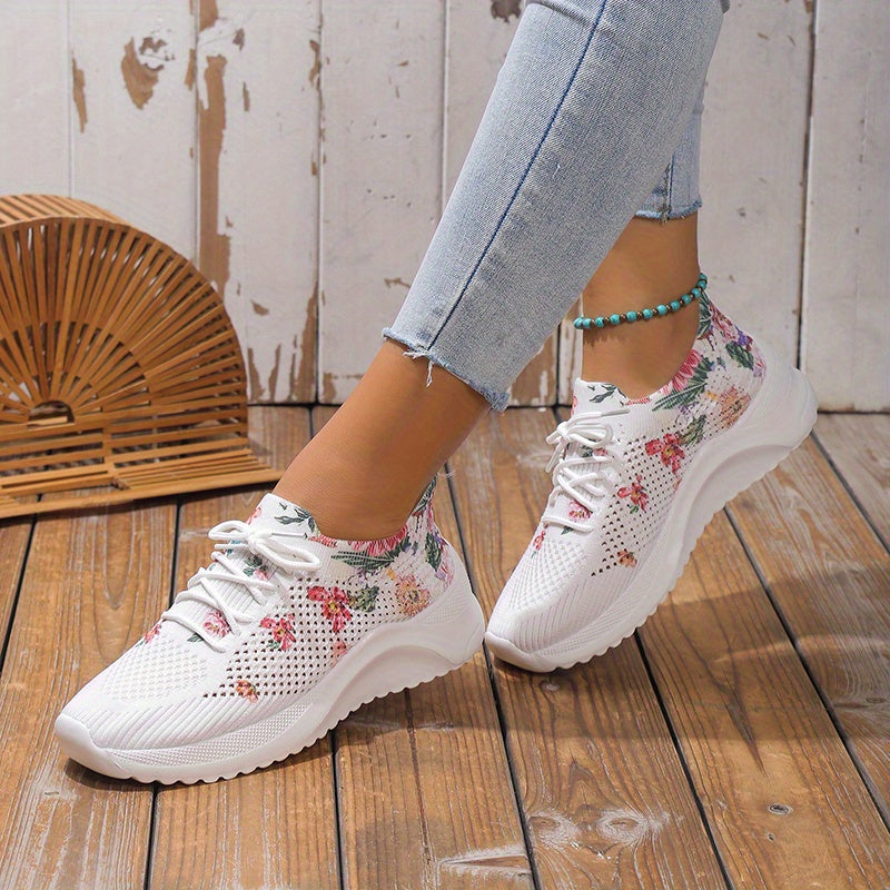 Zapatillas de punto con estampado floral para mujer, zapatillas de correr de caña baja con cordones