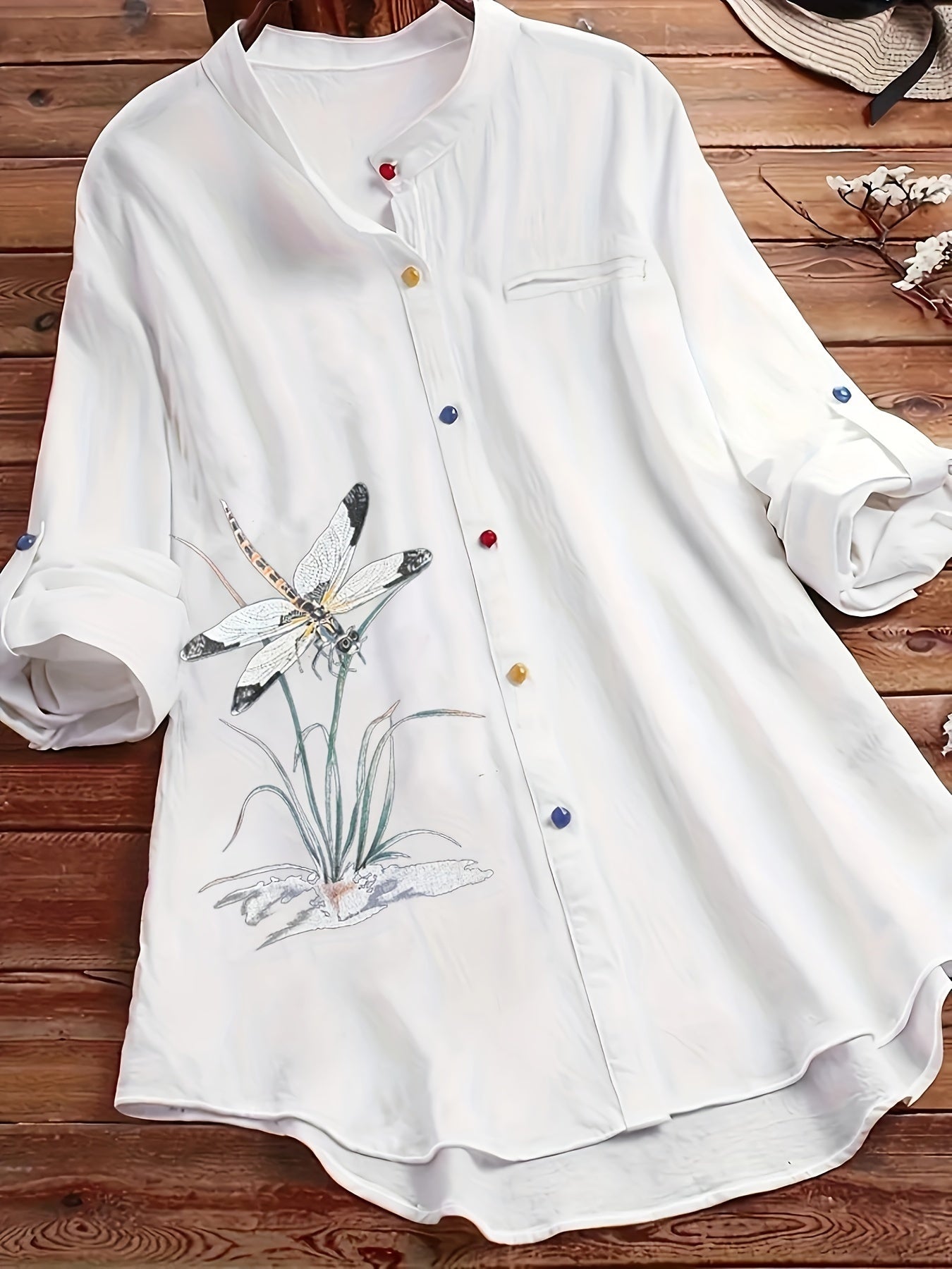 Plus o'lcham ayollar uchun uzun ko'ylak, dragonfly va gul naqshli ofis va kundalik kiyim