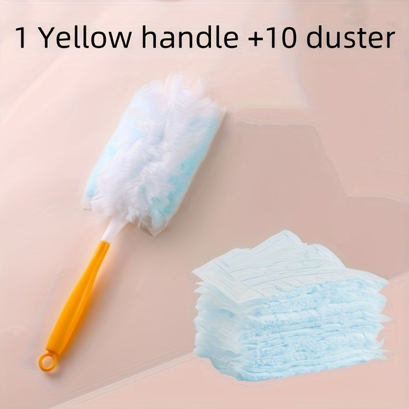 Dusting Set with Yellow Handle and 10 Washable Duster Heads for Home Cleaning