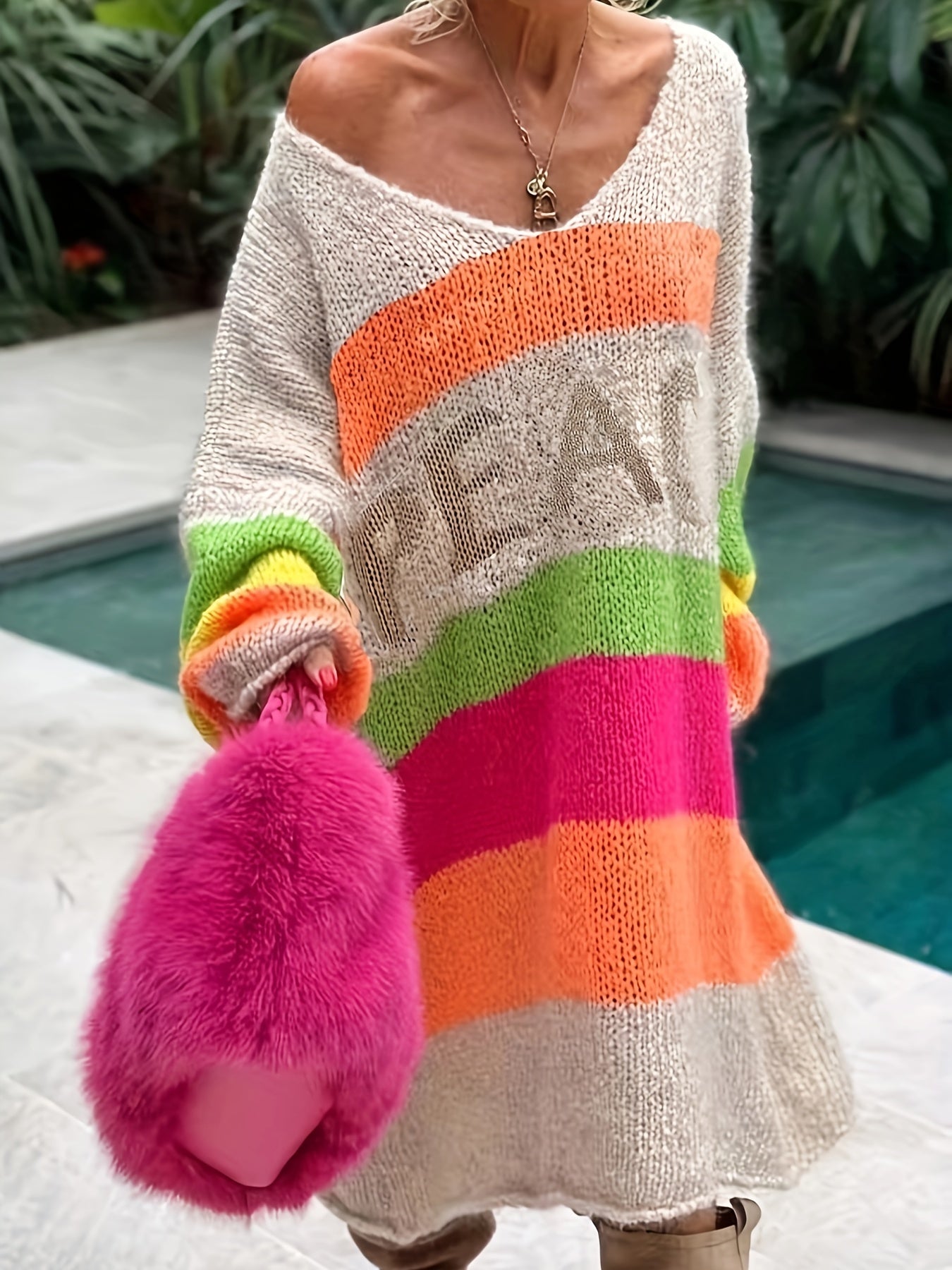 Plus Size Knit Dress Long Sleeve V-Neck Striped Casual Womens Clothing