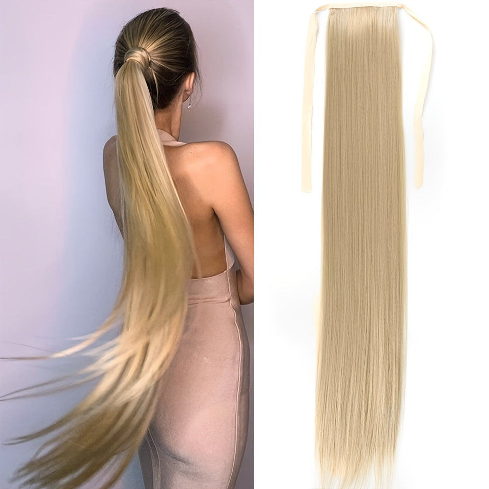 Women Black Synthetic Straight Ponytail Hair Extension 81.28cm Drawstring Style