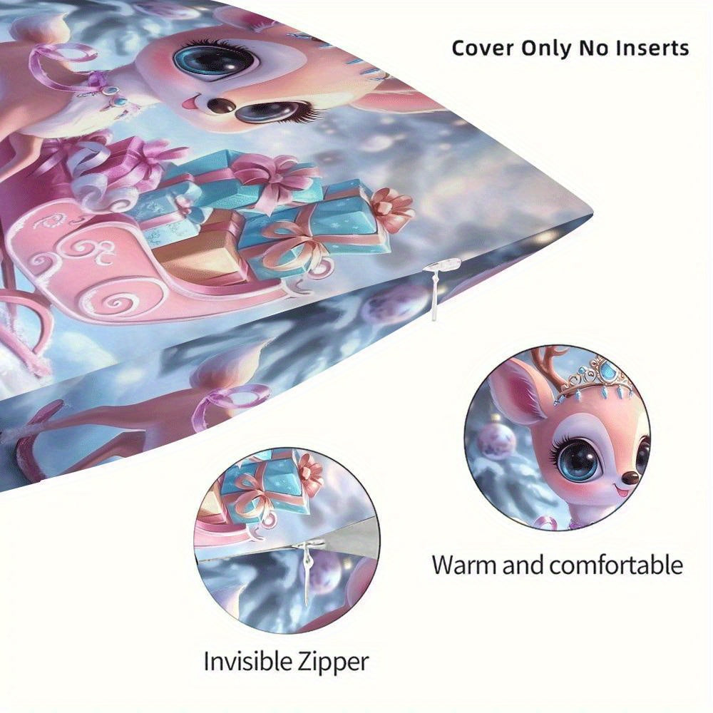 Festive Christmas Throw Pillow Cover 45cm Square Elf and Reindeer Design Polyester