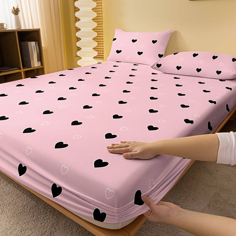 Simple Love Print Brushed Fitted Sheet Deep Pockets Soft Mattress Protector for Bedroom or Guest Room