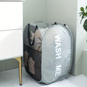 Gray Foldable Laundry Basket with "Wash Me" Print, Multi-Compartment, Portable