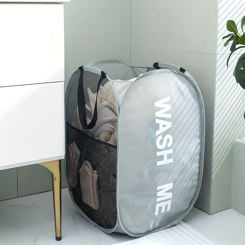 Gray Foldable Laundry Basket with "Wash Me" Print, Multi-Compartment, Portable