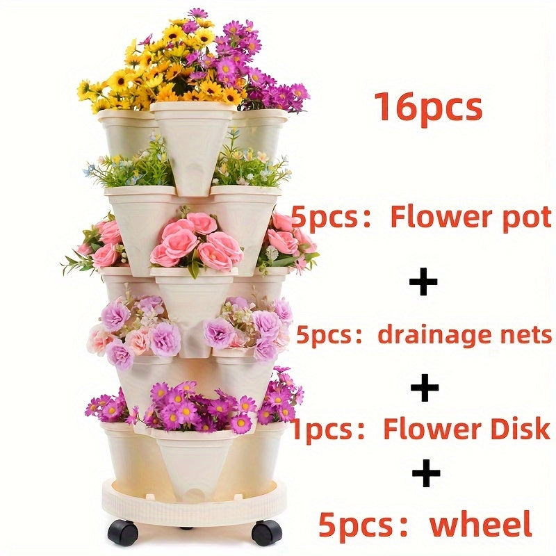 16pcs 5-Layer Stackable Flower Pots with Wheels and Tools for Indoor Outdoor Gardening