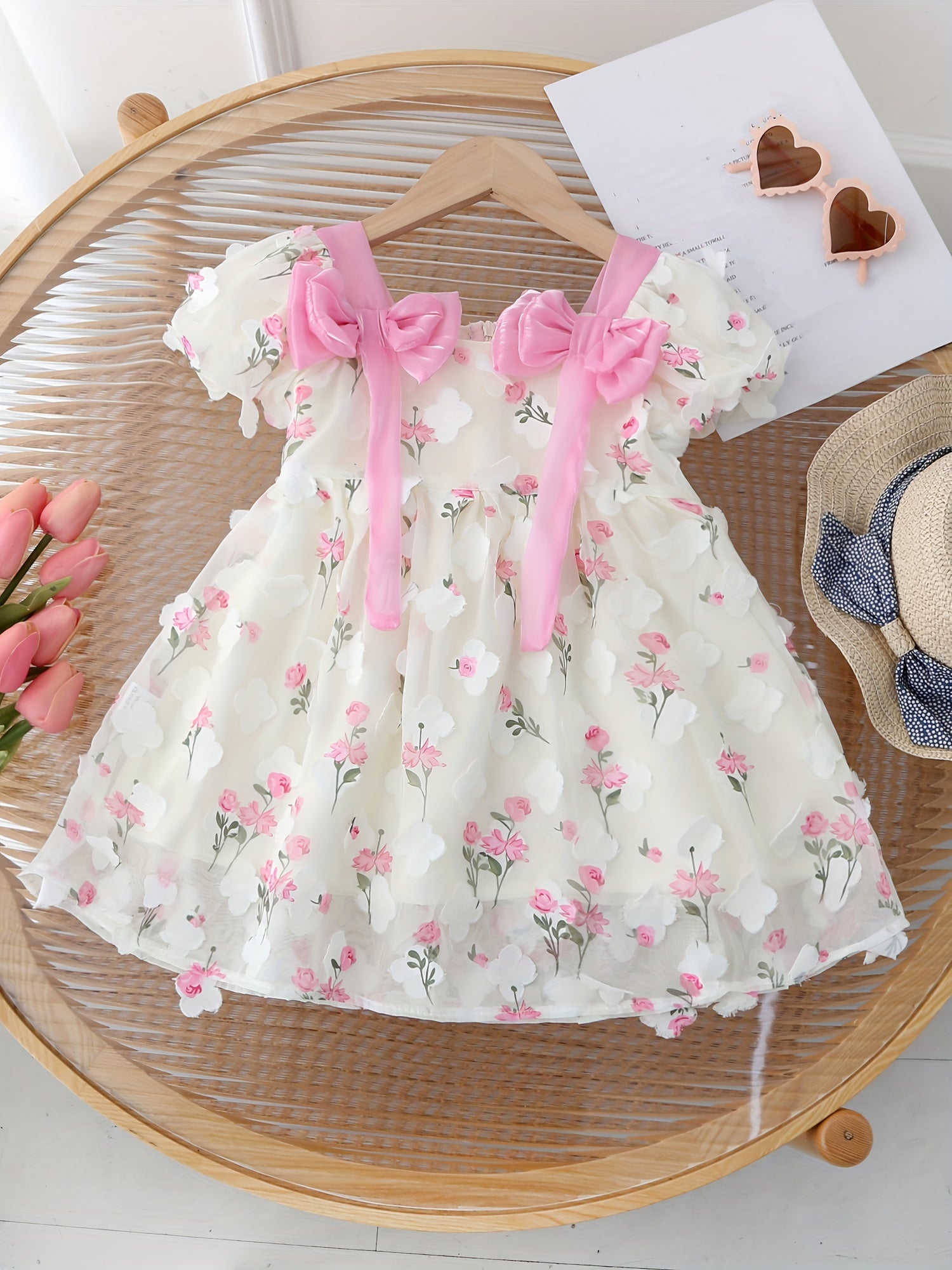 Girls Summer 3D Flower Princess Dress with Puff Sleeves and Bowknot for Birthday