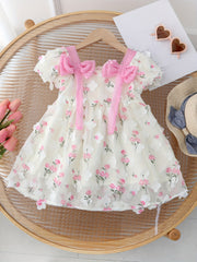 Girls Summer 3D Flower Princess Dress with Puff Sleeves and Bowknot for Birthday
