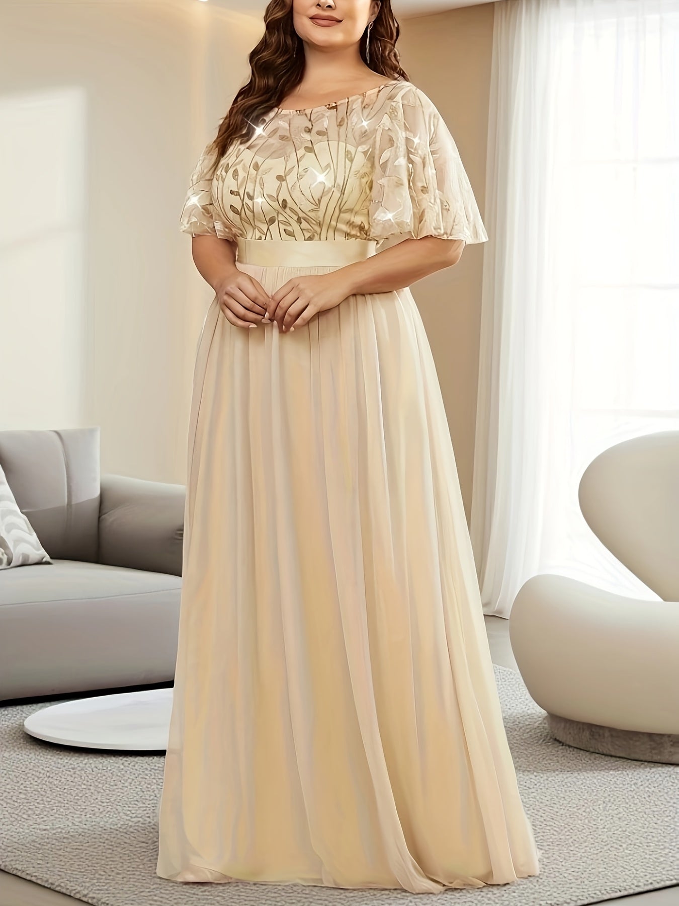 Plus Size Evening Gown Floral Embellished Long Sleeveless A-Line Dress for Weddings