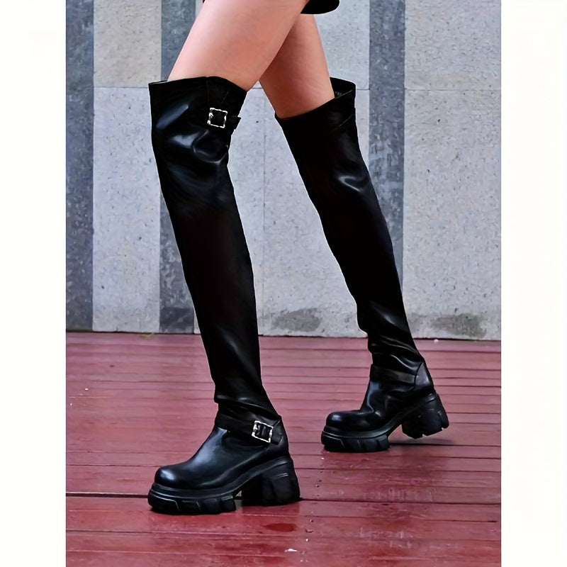 Women's Over-the-Knee Boots With Buckle Thick Sole Chunky Heel