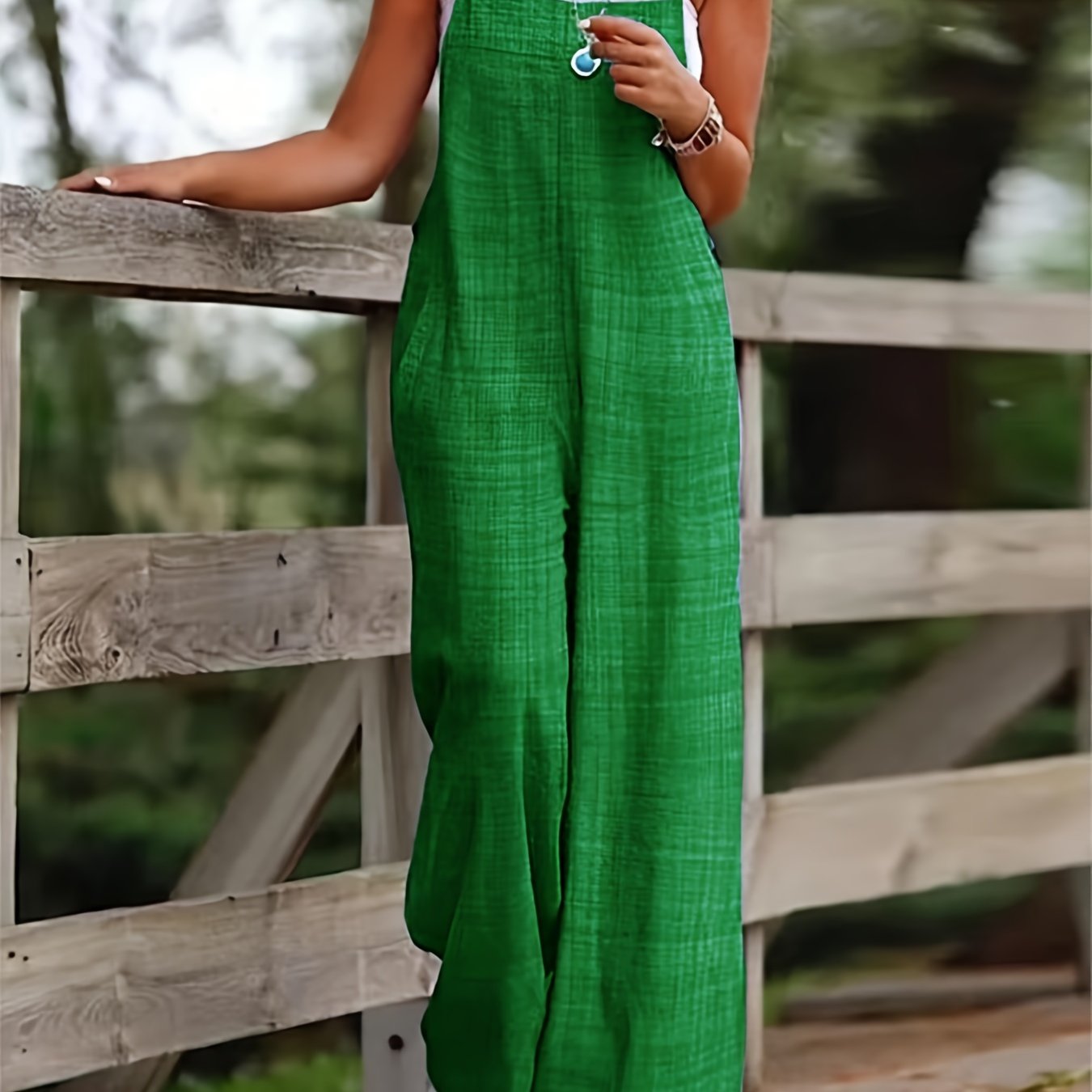 Women's Green Polyester Jumpsuit with Wide Legs Pockets All-Season Casual