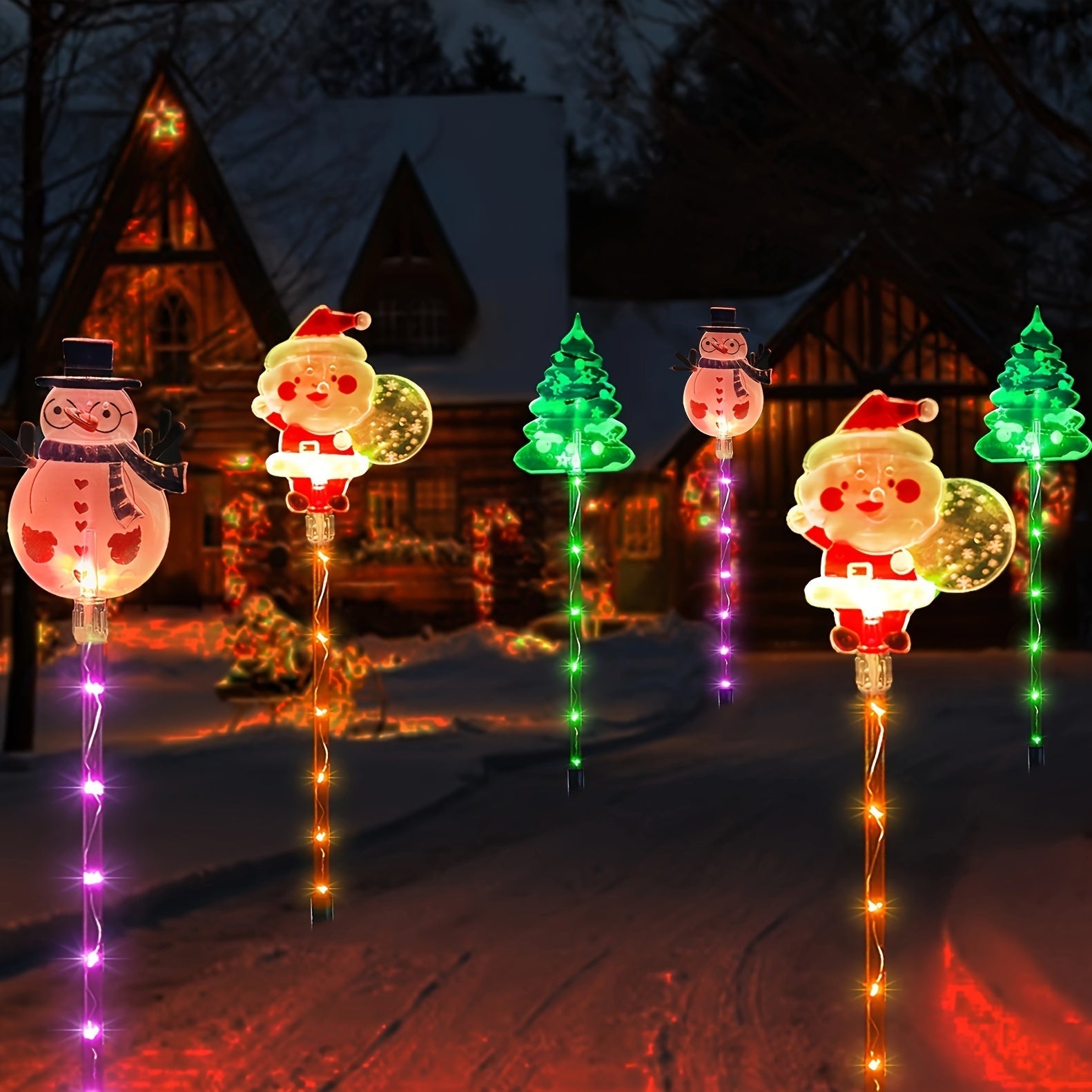 Juego de 6 luces solares LED para jardín con diseños de Santa, muñeco de nieve y árbol para decoración exterior de Navidad