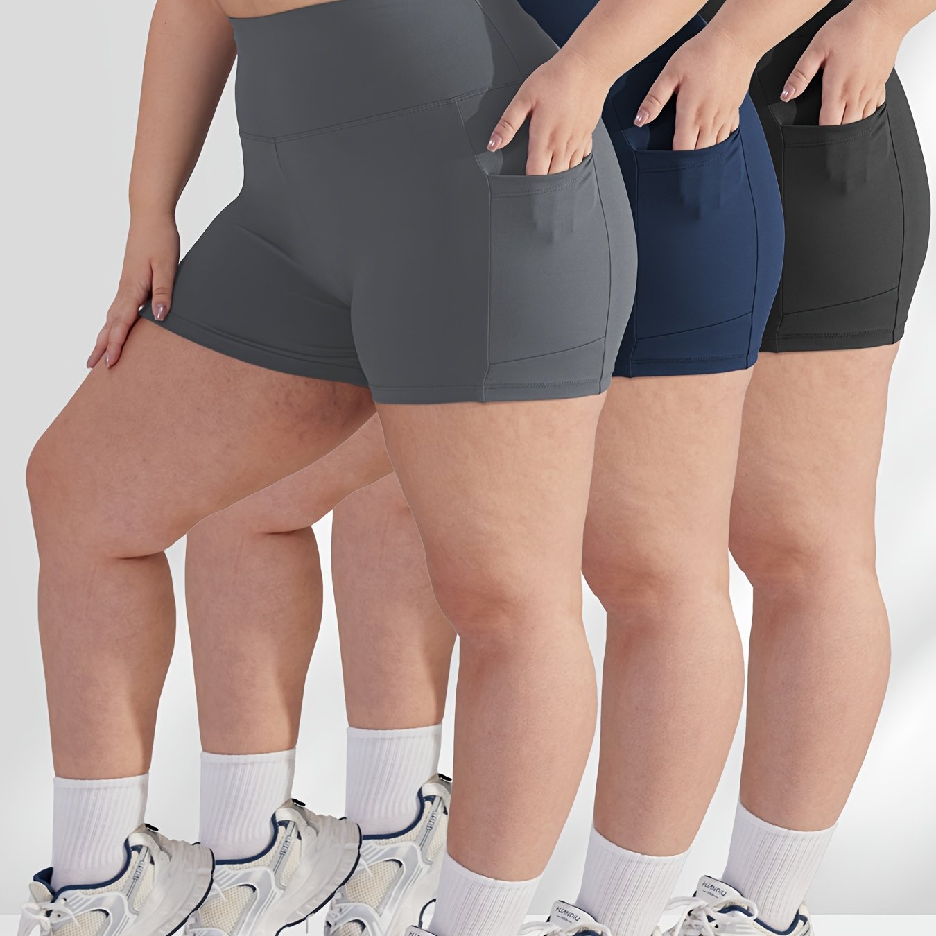 Pack de 3 pantalones cortos de gimnasio de cintura alta para mujer talla grande con bolsillos, ajuste suave