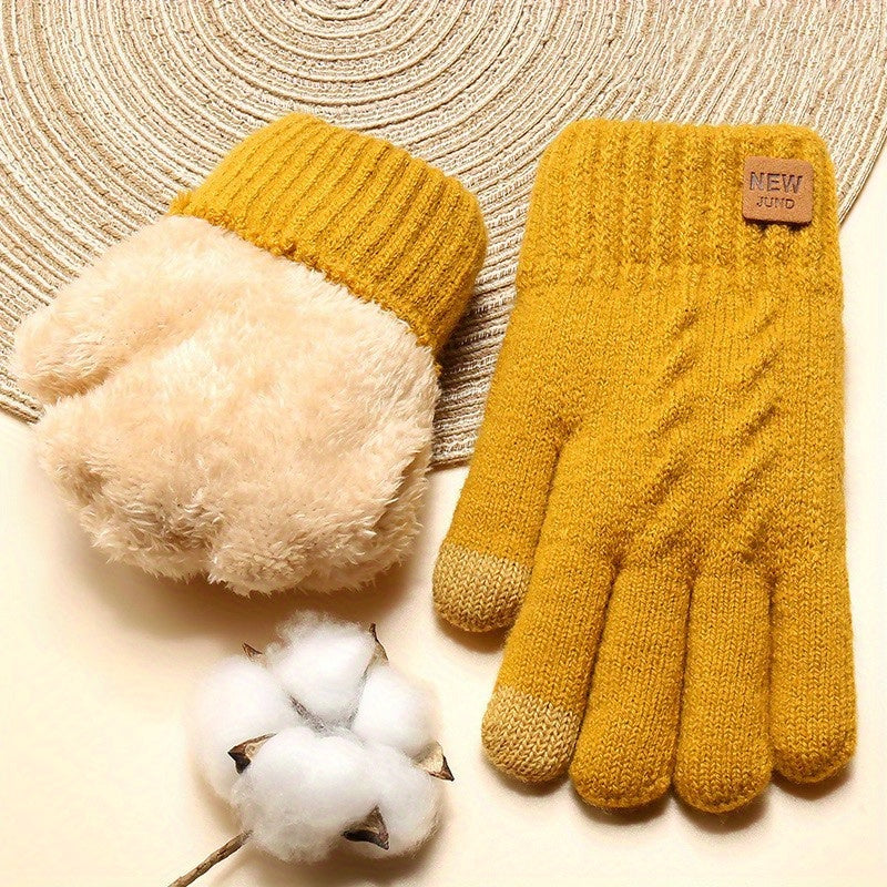Double Layer Knitted Gloves with Velvet Lining Warm Touch Screen Short Winter Gloves Solid Color Elastic