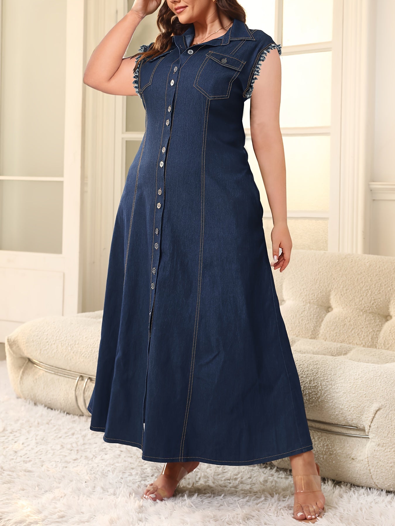 Women's Denim Dress Solid Color Lapel Collar Plus Size Spring Summer Fall