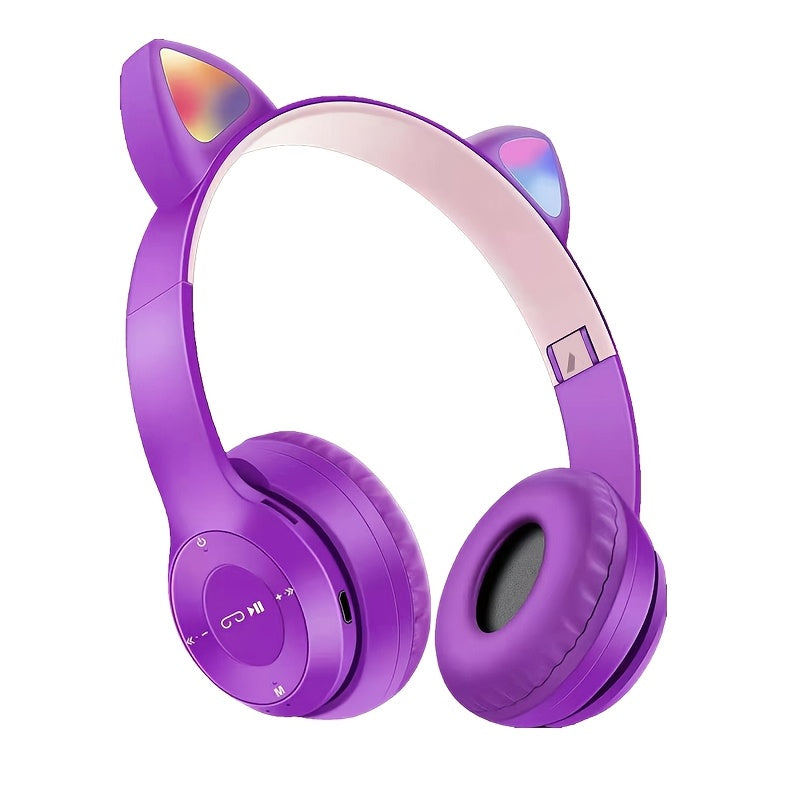 Anime Cat Ear Wireless Headphones with LED Lights Microphone and Volume Control for Cycling