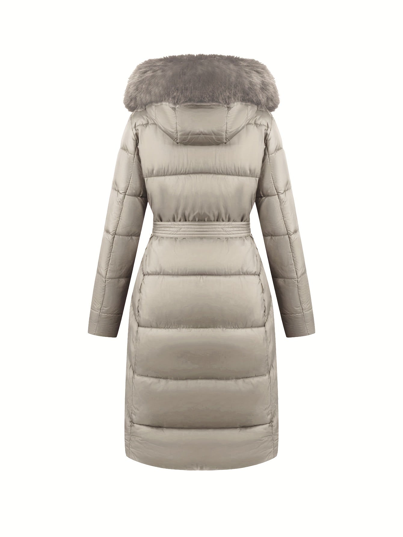 Women's Midi Winter Coat with Faux Fur Hood Belt Solid Polyester Outerwear