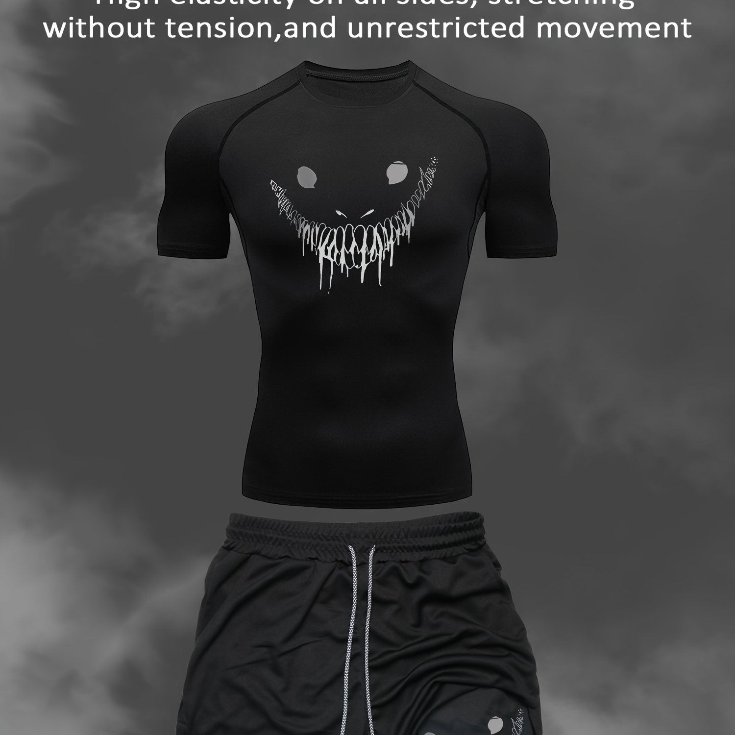 Men's Athletic Set Quick-Dry Smile Print T-Shirt and Multi-Pocket Shorts for Gym Running Outdoor