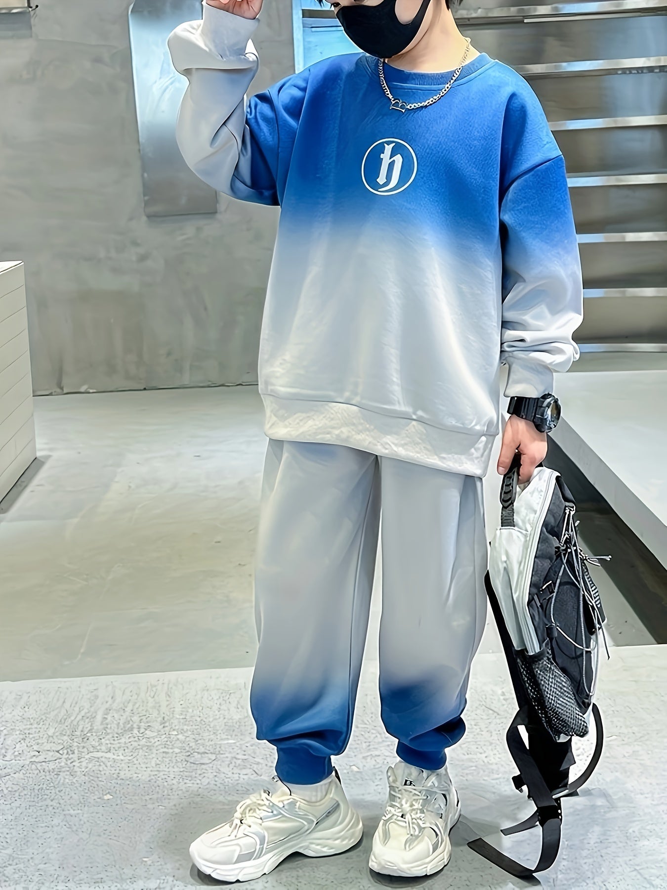 Kids Boys Gradient Color Long Sleeve Sweatshirt and Pants Set for Outdoor Wear