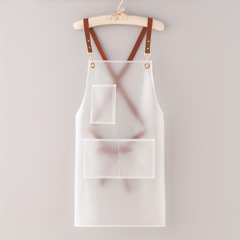 Waterproof Transparent TPU Apron with Brown Straps Stain-Resistant Adjustable Kitchen Tool Pockets