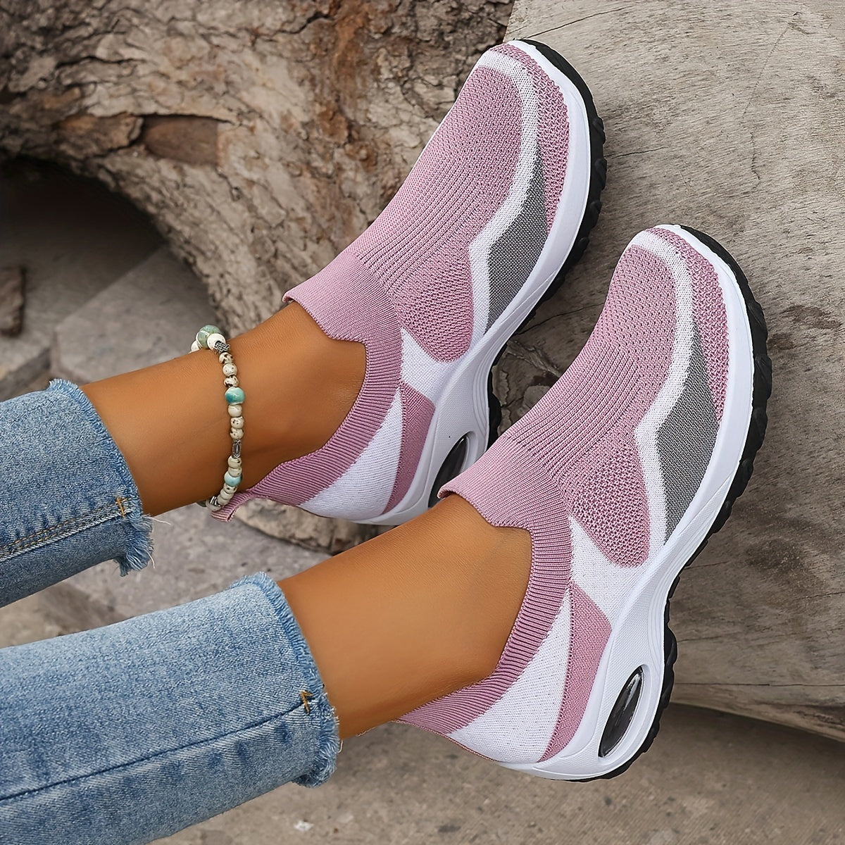 Ayollar uchun nafas oladigan to'qilgan chunky sneakers, kundalik slip-on sport poyafzallari