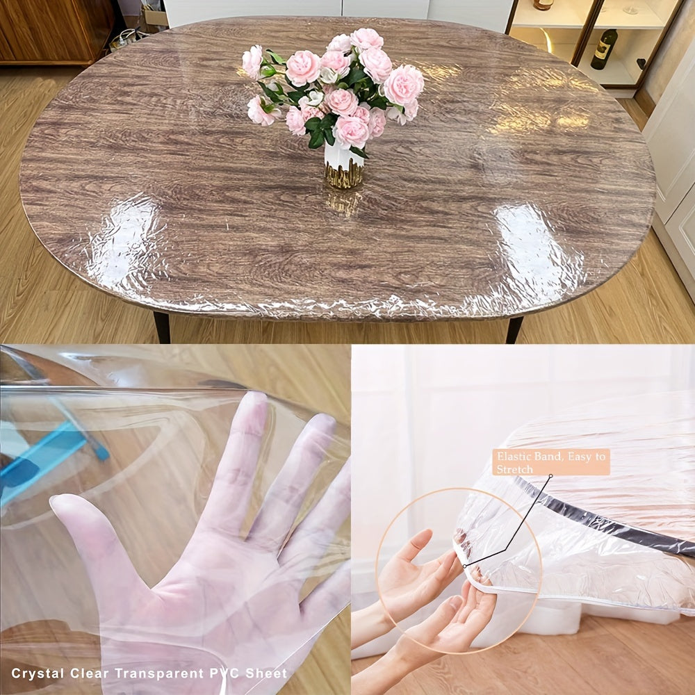 Clear Oval Vinyl Tablecloth Waterproof Oil-Proof with Elastic Edge for Indoor Outdoor Patio Furniture
