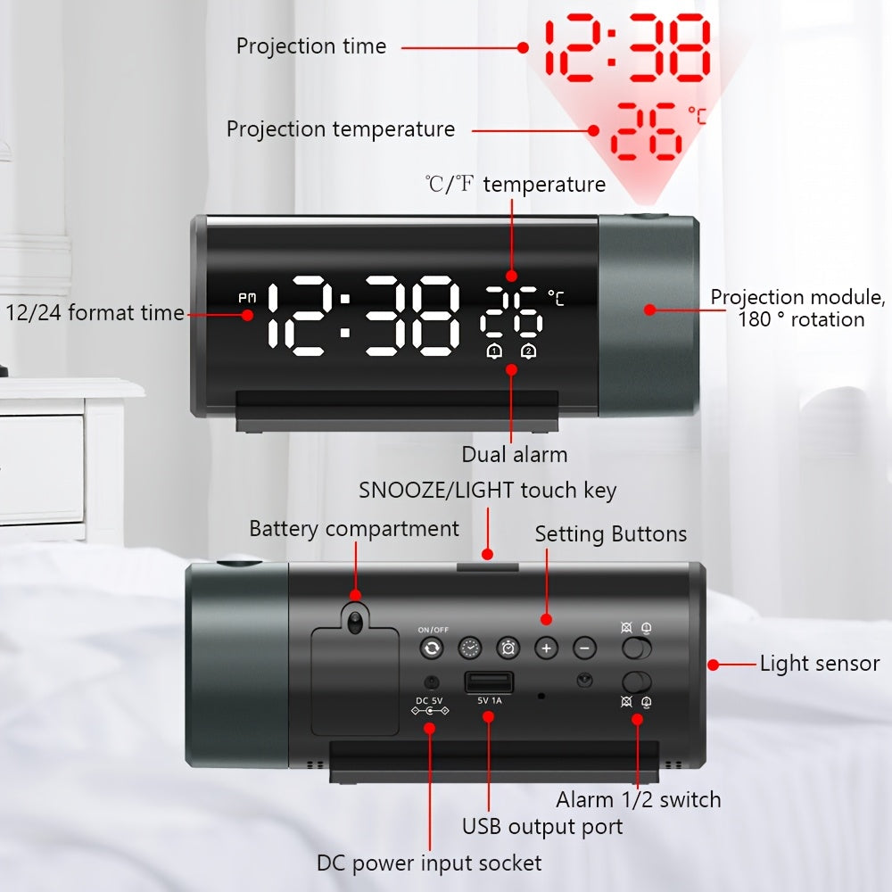 Digital Projection Clock with Dual Alarms Sleep Function USB Powered Time and Temperature Projection