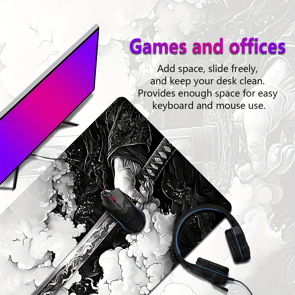 Extra Large Samurai Sword Gaming Mouse Pad Non-Slip Durable Polyester Desk Mat
