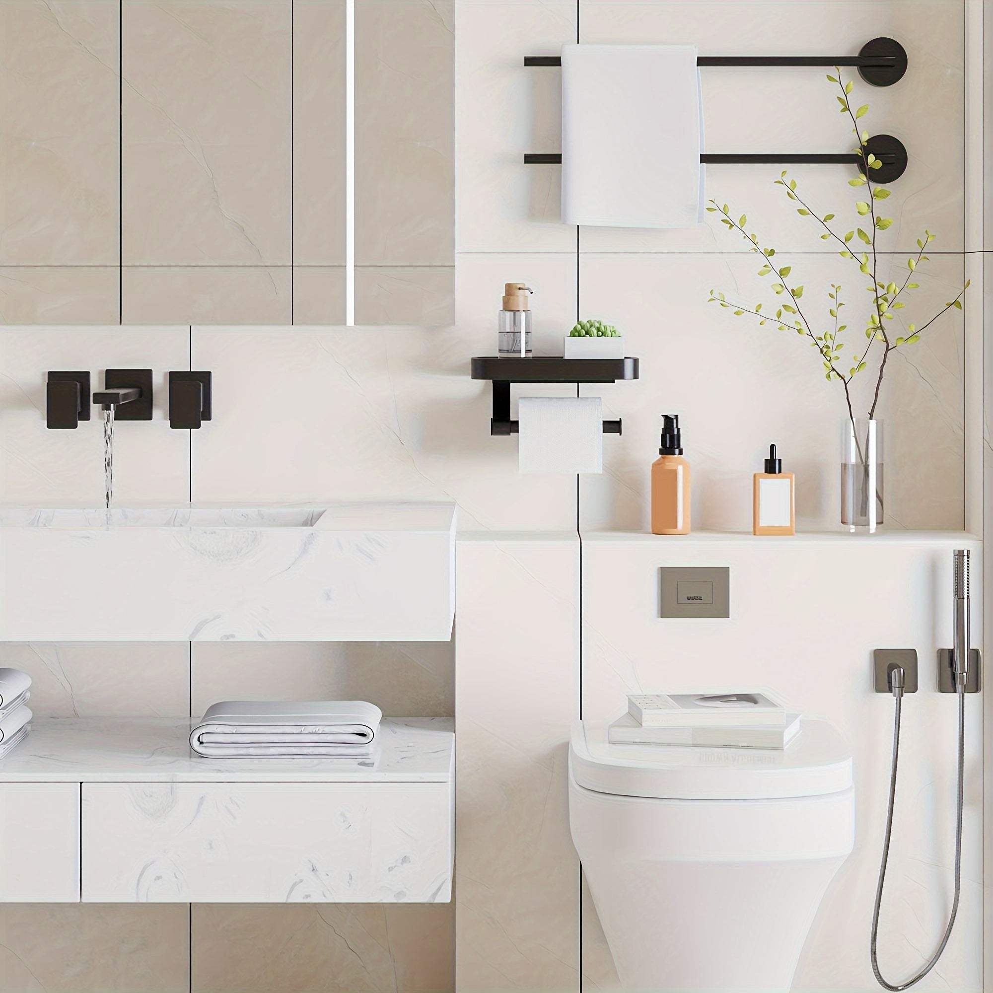 Soporte de papel higiénico de acero inoxidable de montaje en pared con estante para teléfono accesorio de baño negro