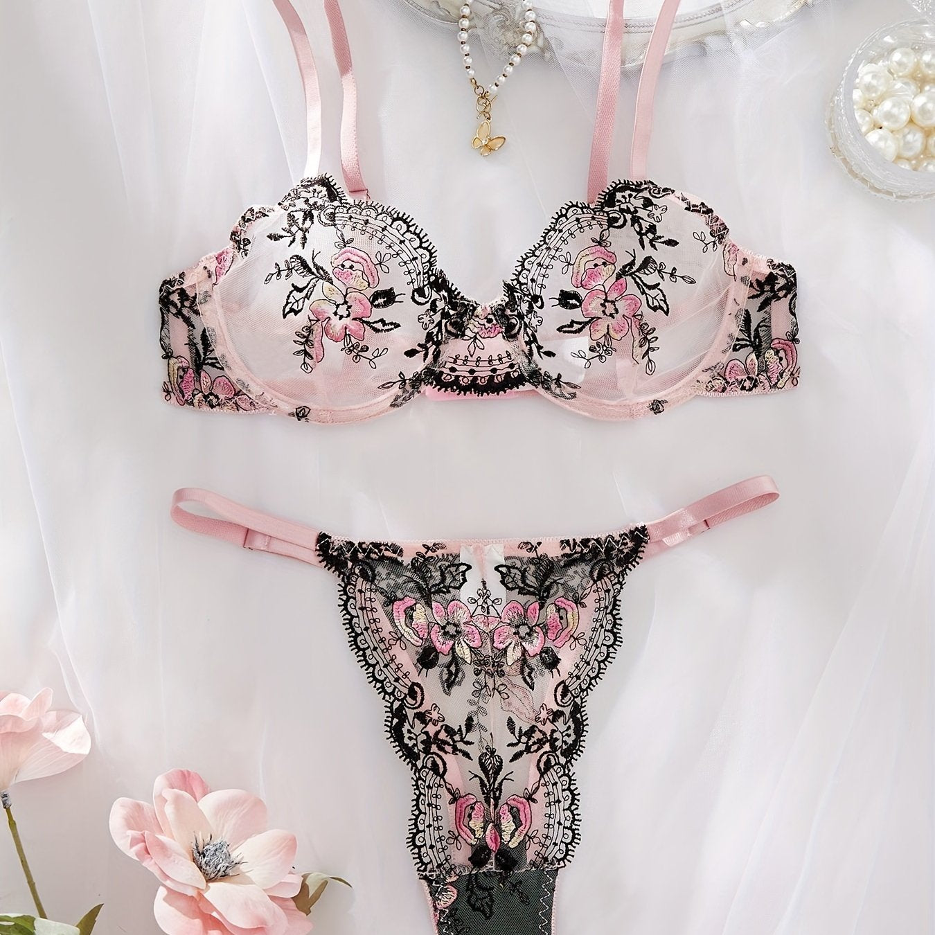 Women's Floral Embroidery Mesh Lingerie Set with Sheer Fabric Bra and Thong