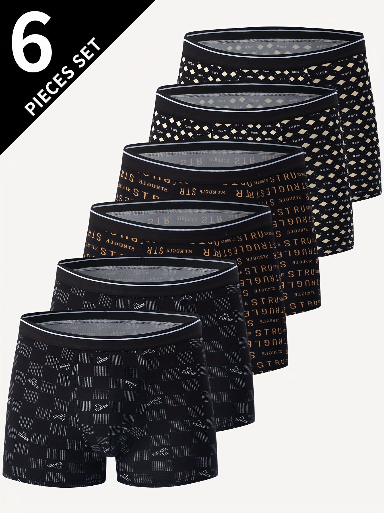 6 Pack Men's Athletic Boxer Briefs Breathable Quick-Dry Polyester Checkered Letter Print Elastic Waist