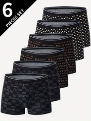 6 Pack Men's Athletic Boxer Briefs Breathable Quick-Dry Polyester Checkered Letter Print Elastic Waist