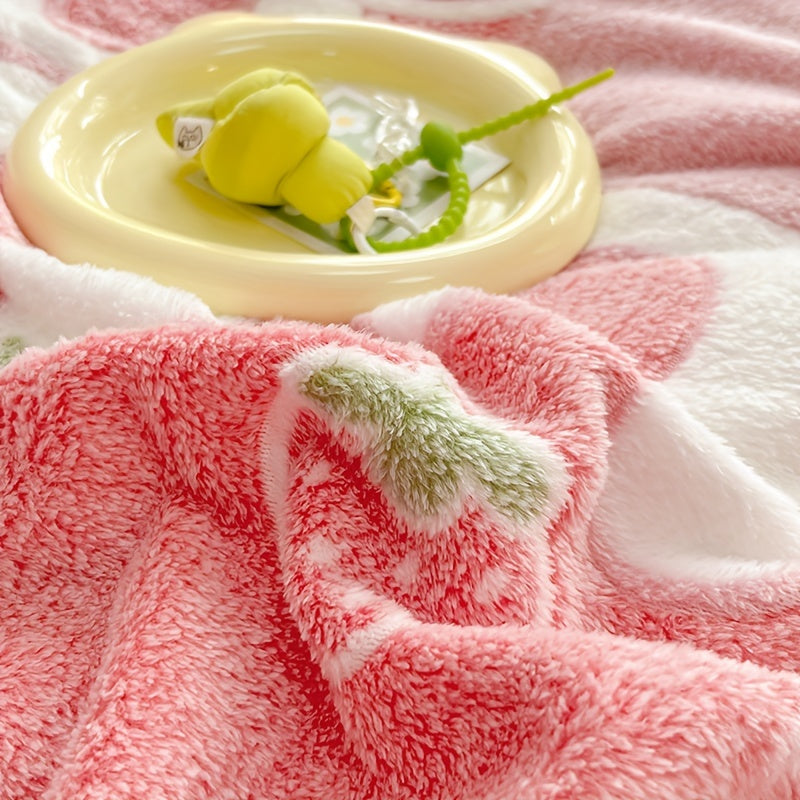 Pink Strawberry and Bear Pattern Blanket for Sofa Bed Naps Soft Cozy All-Season Polyester
