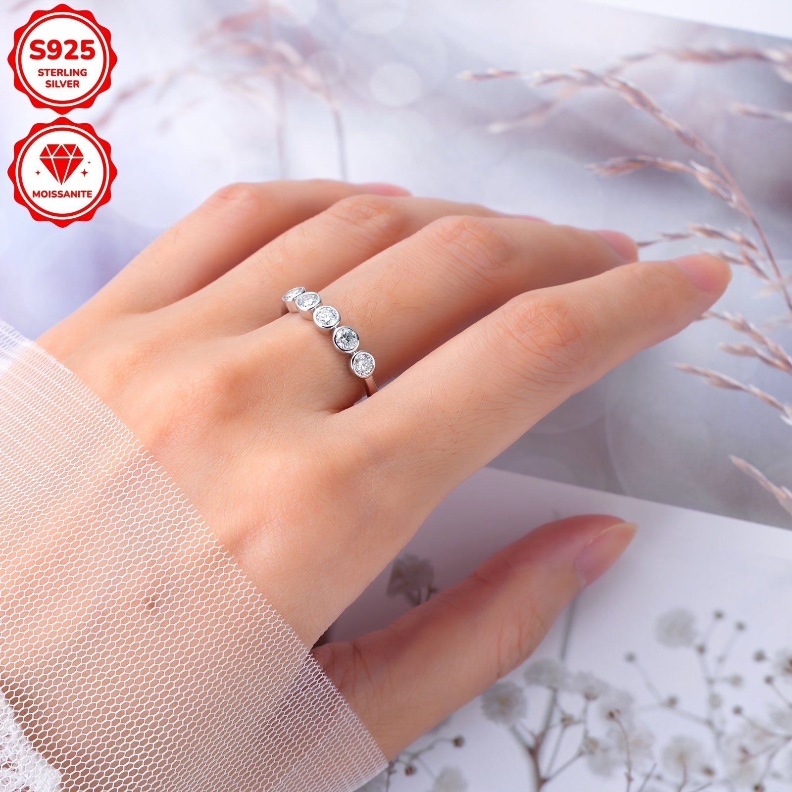 Women's Silver Engagement Ring with Five Moissanite Stones 3mm