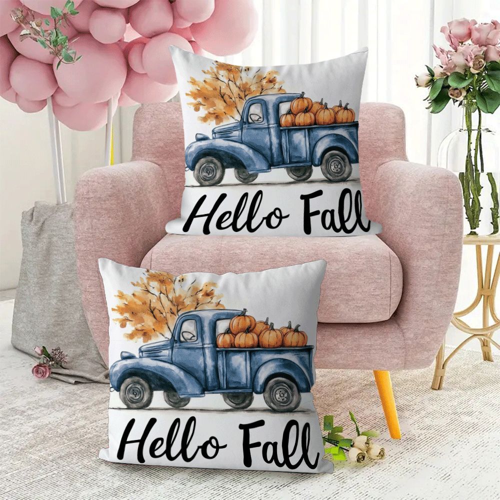 Set of 2 Flannel Pillow Covers 45.72 cm Zippered Pumpkin Truck Design for All Seasons