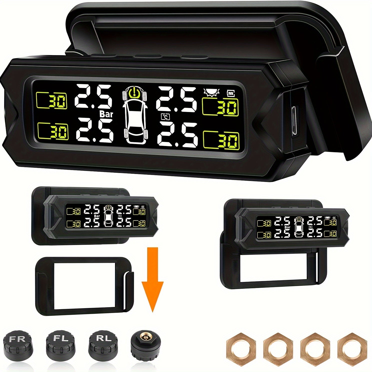 Wireless External Tire Pressure Monitoring System with Solar Bracket for Vehicles