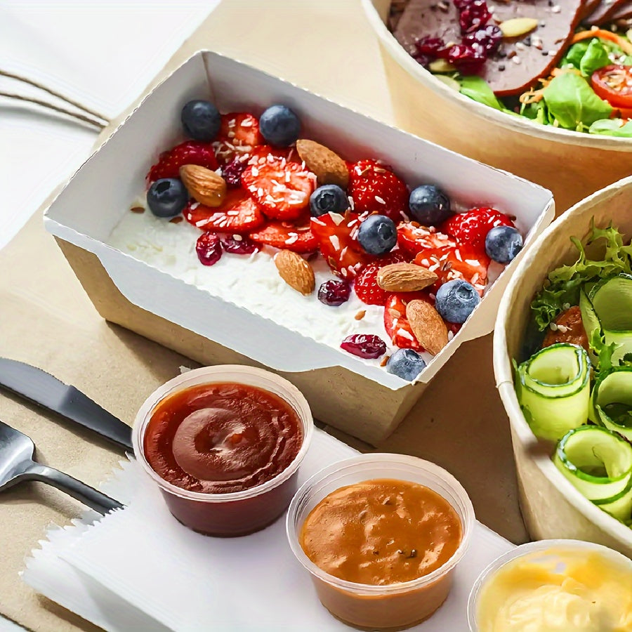 50 ta paket 2 oz plastik oziq-ovqat saqlash konteynerlari, qopqog'lari bilan, qayta ishlatiladigan dumaloq stakanlar