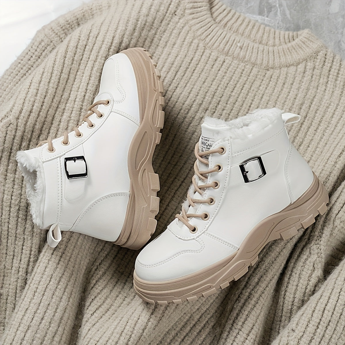 Women's Winter Ankle Boots with Plush Lining Black and Beige Two-Tone