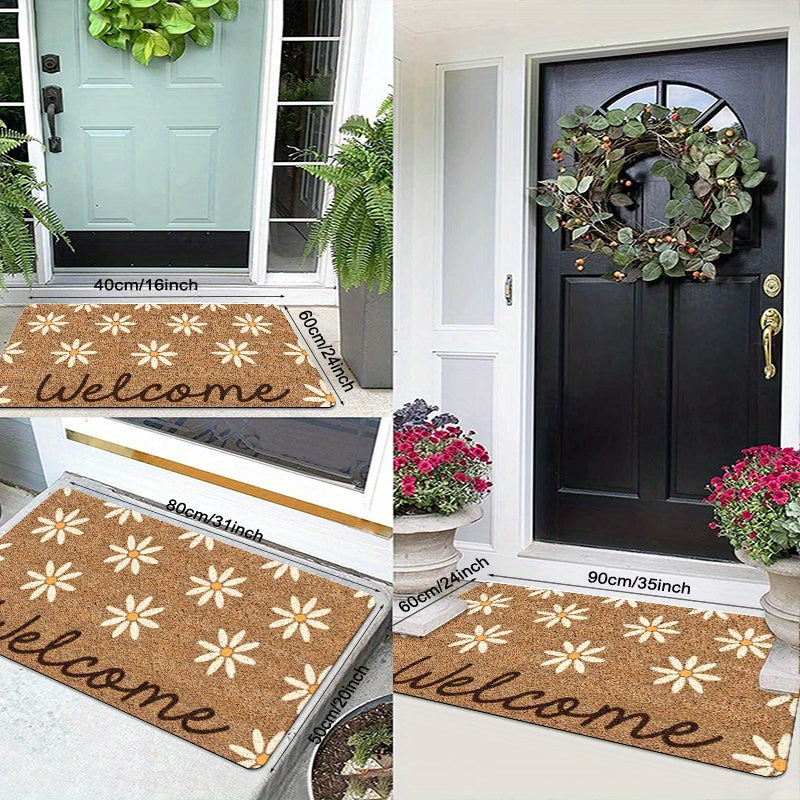 Alfombra de puerta con patrón de margarita de poliéster antideslizante rectangular hecha a máquina